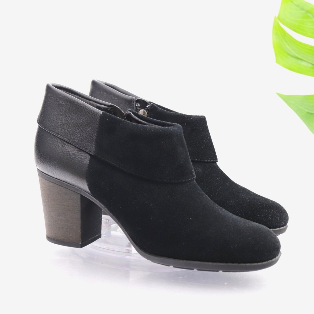 Clarks Boots Womens Enfield Canal Size 8 Black Suede Leather Ankle Heel Booties